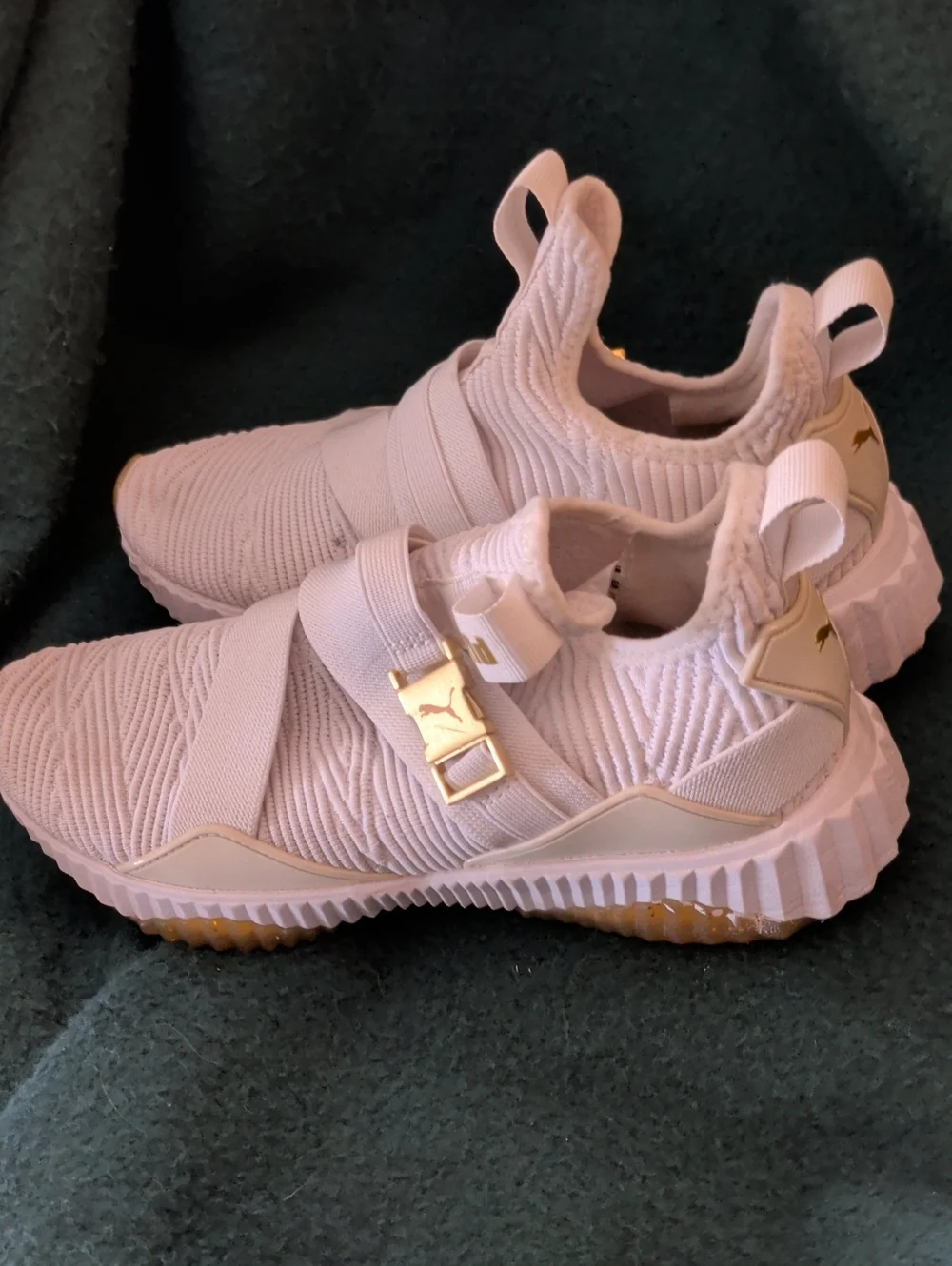 Puma Women's White Knit Strap Sneakers with Gold Accents